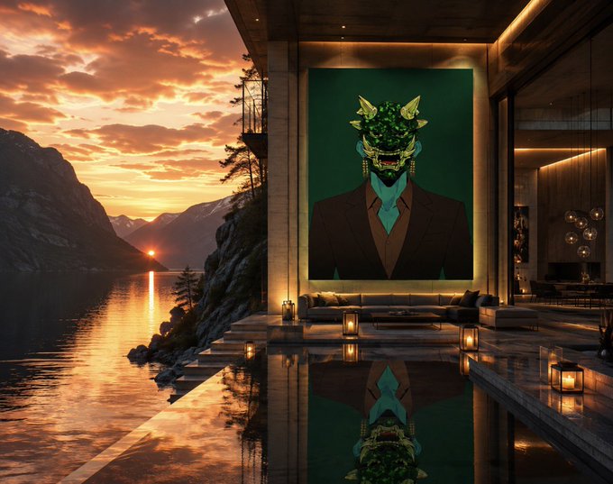 A man in a suit wears a green dragon mask in a large painting hanging in a modern cliffside villa at sunset. The image reflects the post by showcasing NFT artwork—specifically a striking digital portrait—integrated into an aspirational luxury setting, celebrating creators pushing the medium forward.