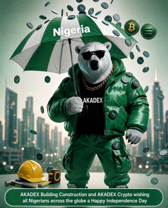 A digital artwork of a bear wearing sunglasses, a gold chain, and a green tracksuit holding a Nigerian flag umbrella amid falling cryptocurrency coins, with text reading 'AKADEX Building Construction and AKADEX Crypto wishing all Nigerians across the globe a Happy Independence Day'.