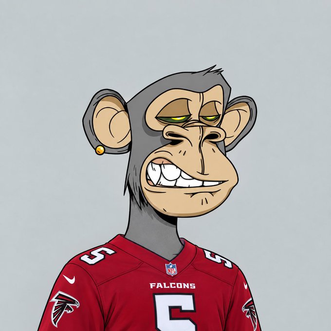 A cartoon illustration of a Bored Ape-style NFT character with grey fur, yellow-green eyes, and an earring, dressed in a red NFL Atlanta Falcons jersey with the number 5.