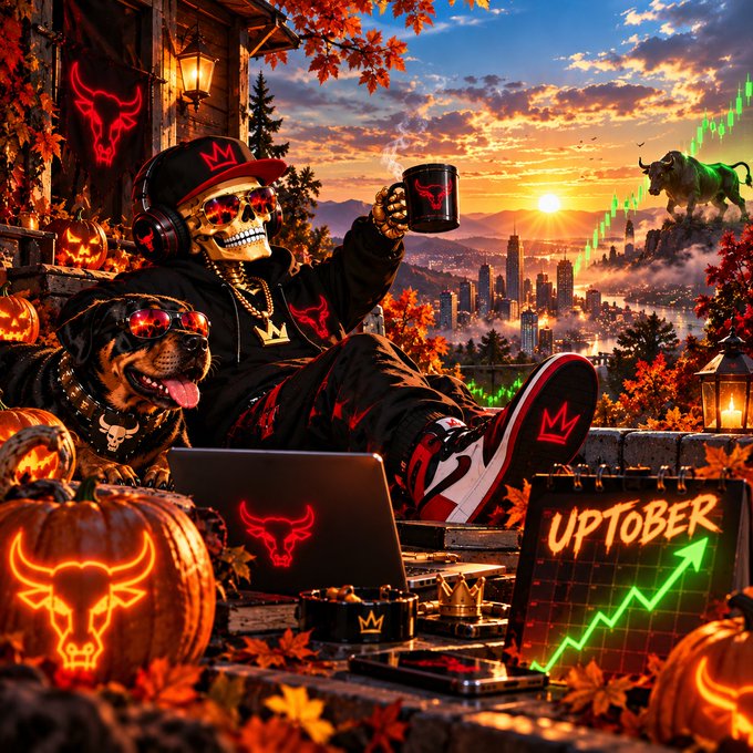 A stylized skull character in streetwear holds a coffee mug and sits with a rottweiler amid jack-o'-lanterns and an "UPTOBER" stock chart with a green upward arrow, set against a sunset cityscape.