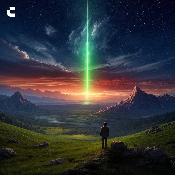 A solitary figure stands on a grassy hilltop, gazing at a striking green beam of light cutting through a starry twilight sky over a vast, mountainous valley. The image visually embodies the post's message of receiving a cosmic "sign," capturing a moment of awe and revelation as the radiant pillar seems to point directly down from the heavens.