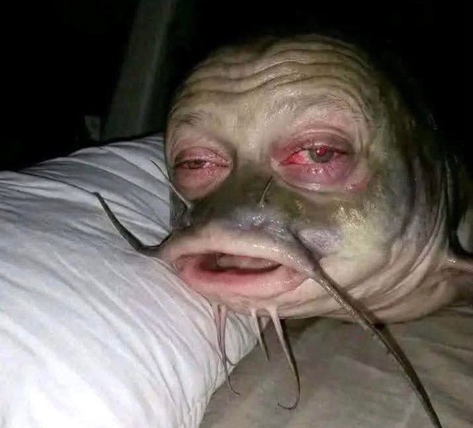 A close-up, slightly blurry image shows a person wearing a wrinkled, pale mask with pinkish eyes and long, thin appendages hanging from the mouth, resting on a white pillow.