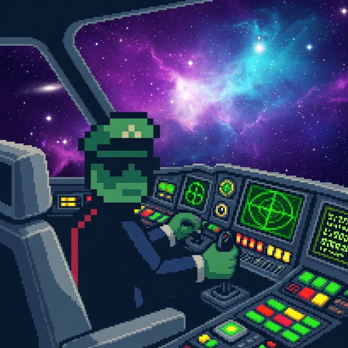 A pixel art illustration of a green frog-like character wearing a suit, piloting a futuristic spaceship with various control panels, with a vibrant purple and blue cosmic nebula visible through the cockpit window.