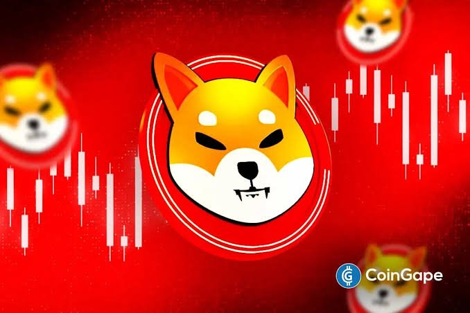 A graphic featuring Shiba Inu dog tokens over a red background with white stock/crypto candlestick charts, branded with 'CoinGape' in the bottom right.