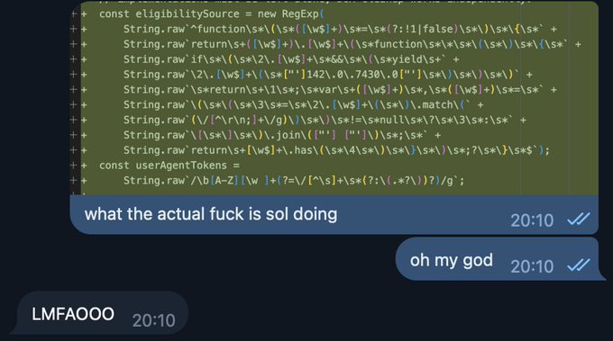 A chat conversation shows a screenshot of a heavily obfuscated, nearly unreadable JavaScript regex pattern generated for "sol" (likely an AI code assistant), with the user reactions "what the actual fuck is sol doing," "oh my god," and "LMFAOOO" expressing disbelief at the incomprehensible code output.