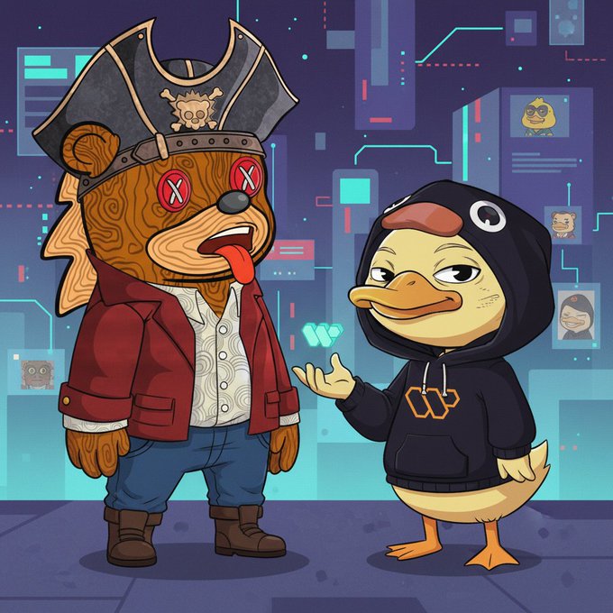 A pirate bear with X eyes and a hooded duck converse in a cyberpunk-style digital space, visually representing the crypto/NFT community discussion about creator campaign earnings and platform updates mentioned in the tweet.