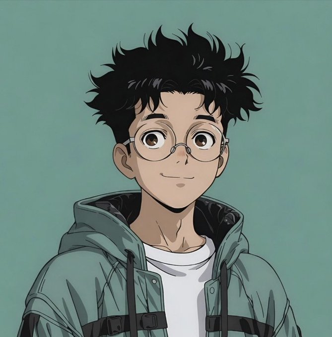 A cheerful anime-style boy with messy black hair and round glasses smiles warmly against a soft teal background, his upbeat expression perfectly matching the post's positive "gm" greeting and encouraging message about good health, positive vibes, and the 3-day countdown for $RIVER.