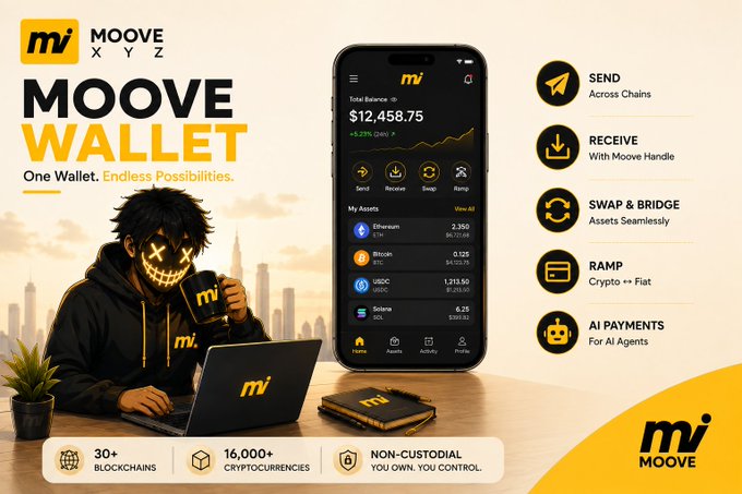A promotional graphic for 'MOOVE WALLET' featuring a masked character using a laptop and phone, highlighting features like Send, Receive, Swap & Bridge, Ramp, and AI Payments across 30+ blockchains.