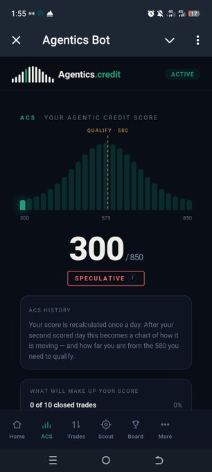 Agentics Bot app screenshot showing an 'Agentics credit' score of 300/850 marked 'SPECULATIVE', with a bell curve distribution chart indicating QUALITY 580 and noting '0 of 10 closed trades'.
