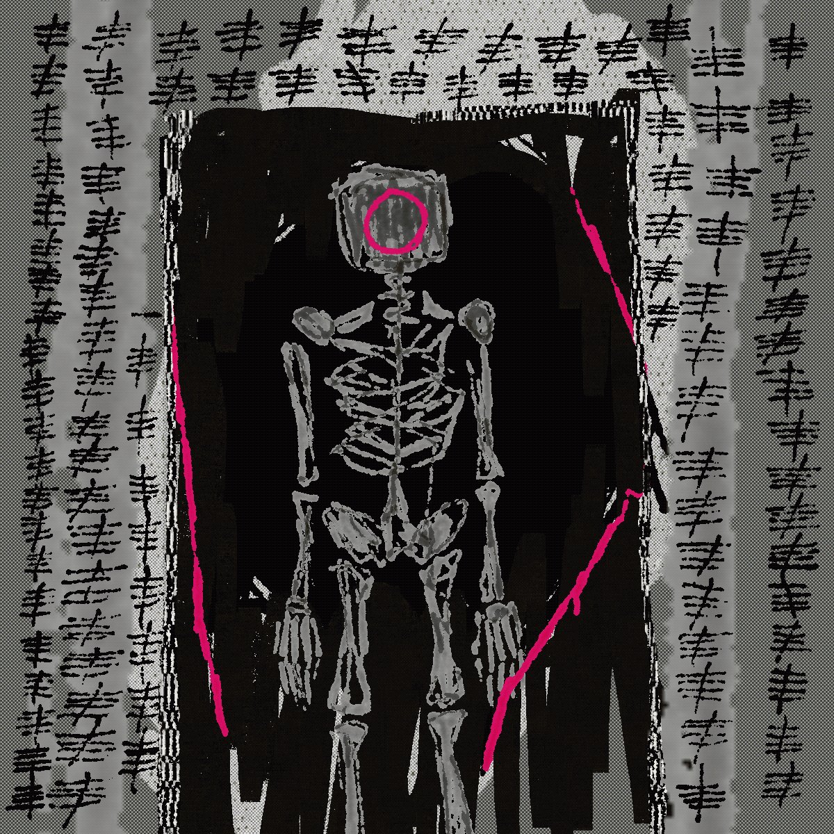 The image features a skeleton standing against a black background with pink lines, giving it an artistic and surreal appearance. The skeleton's position near a door or window suggests that it might be trapped inside. The caption "gm 'Days Served'".
