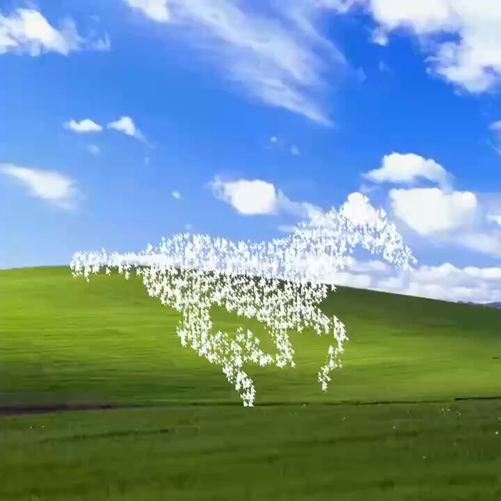 The image features a large field with a horse-like shape made of white shapes, possibly stars or diamonds, spread across the scene. The field appears to be green, suggesting that it could be an outdoor space like a park or a farm. The image is accompanied by a caption that reads "Click Horse II 1/3 15tz P5js Interactive animation #tezostuesday objkt.com/tokens/KT1M9vL". This implies that the viewer can interact with the image and potentially learn more about it, such as its source or purpose.