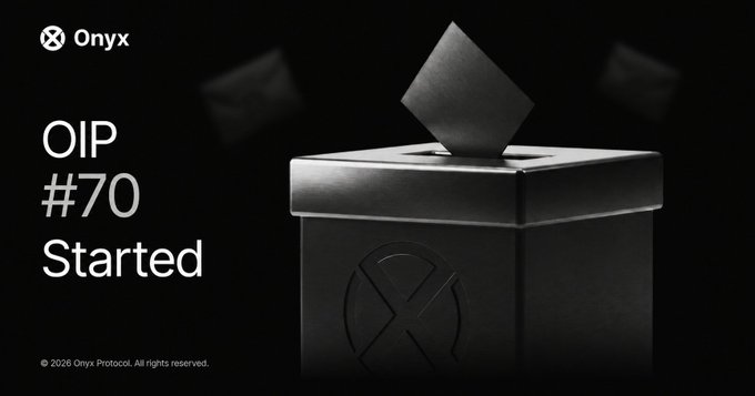 A promotional graphic from Onyx Protocol announcing 'OIP #70 Started' with a 3D rendered black box with an envelope emerging from it.