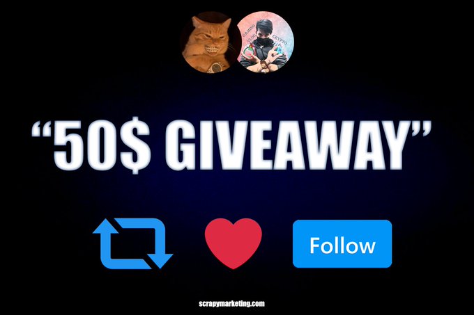 The image is a graphic promoting a "$50$ GIVEAWAY" featuring profile pictures of the cats Slyme and ScrapyCoCoTV at the top, with instructions to retweet, like, follow (@Slotswithshib and @ScrapyCoCoTV), and tag friends to enter. The visual includes a retweet icon, heart icon, and "Follow" button to illustrate the entry requirements outlined in the post.