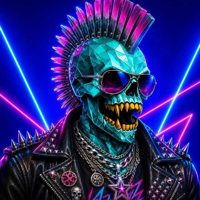 A vibrant cyberpunk-style illustration of a teal crystalline skull with a pink mohawk and sunglasses, wearing a spiked leather jacket and chains against a neon laser background.