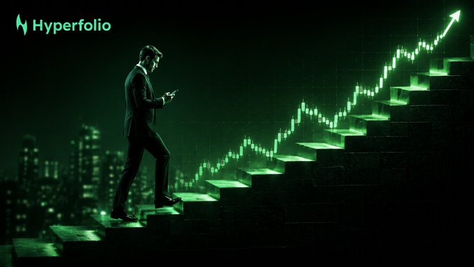 The image features a man dressed in business attire, walking up a set of stairs with his phone held in his hand. The background shows a city skyline at night, with buildings illuminated by green lights that create an urban atmosphere. The caption for this image reads "Focus on what is in the image and how it relates to the post. #Hyperfolio #Hyperliquid".