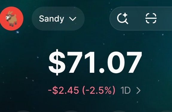 The screenshot shows a crypto portfolio tracker displaying a wallet labeled "Sandy" with a balance of $71.07, down $2.45 (-2.5%) in 1 day. The image is used as visual proof of funds to support the claim of giving away $70 to followers, making the giveaway promise seem more credible.