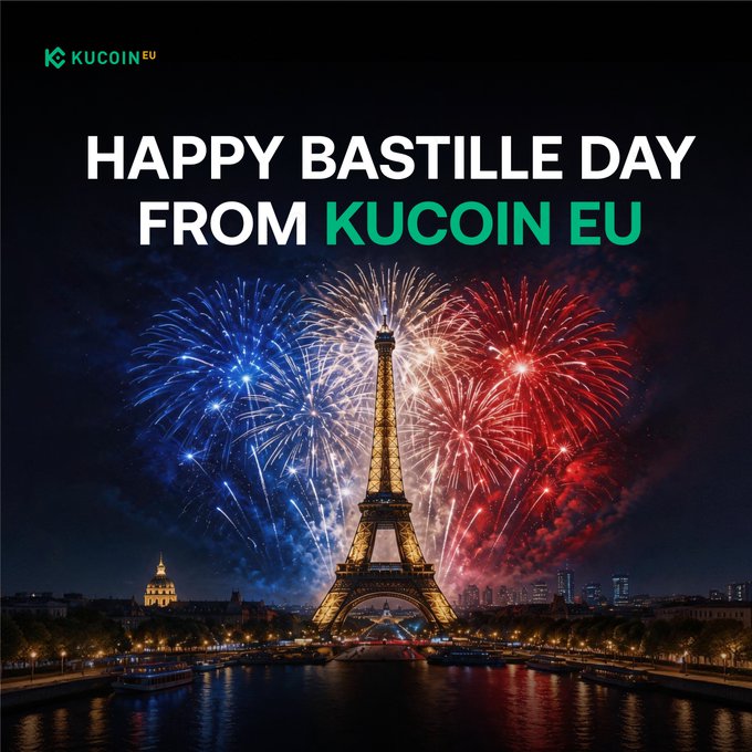 A KuCoin EU promotional graphic wishing 'Happy Bastille Day' over a nighttime image of the Eiffel Tower with red, white, and blue fireworks.