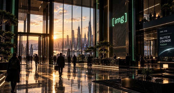 A futuristic, dimly lit hotel or convention lobby with floor-to-ceiling windows overlooking a sunlit city skyline, featuring a glowing green '[img]' sign and a digital billboard advertising the 'IMG HQ GLITCH LOUNGE TODAY'.