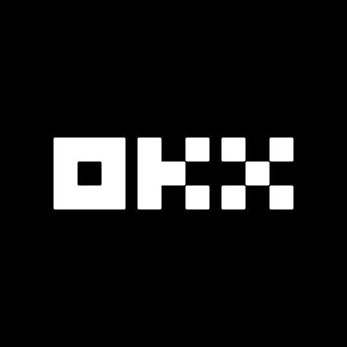 The image features a stark black background with a white geometric logo composed of square pixel-like shapes forming what appears to be an "OKX" wordmark.

This visual relates to the post about OKX's partnership with ICE (the parent company of NYSE) to develop a platform for tokenized U.S. stocks like Nvidia, Apple, Microsoft, and Tesla, with the brand's minimalist logo reflecting the digital, blockchain-focused nature of the onchain trading initiative.
