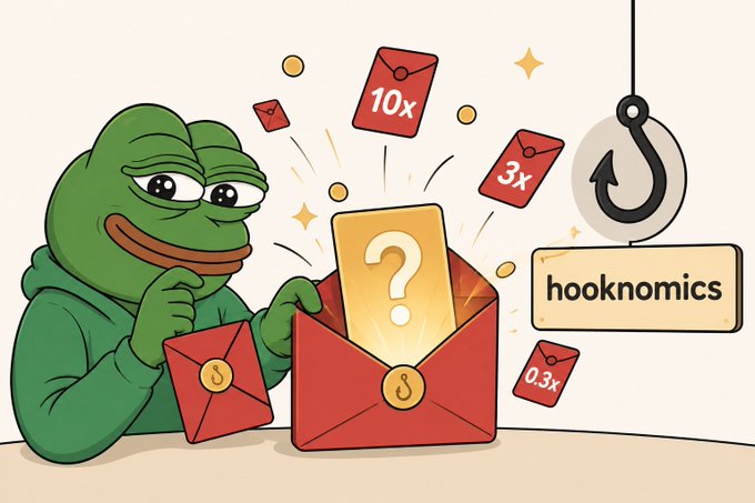 A green Pepe-style frog character wearing a hoodie peers thoughtfully into an open red envelope revealing a glowing question mark, surrounded by floating envelopes labeled "10x," "3x," and "0.3x," a fishing hook, and a "hooknomics" sign — visually capturing the "luck of the draw" concept central to the SwingHook project's Hooknomics economics.