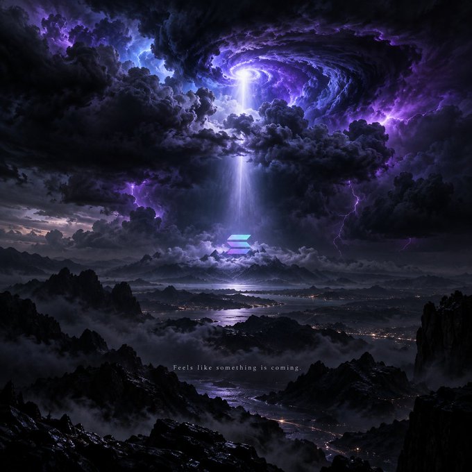 A dramatic cosmic vortex in shades of purple and blue descends from storm-laden clouds onto a misty, mountainous landscape illuminated by a beam of ethereal light, evoking the ominous caption "Feels like something is coming." A purple "S" logo hovers near the beam's focal point, hinting at a Solana-related event or revelation on the horizon.