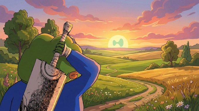 A cartoon-style illustration of a green-skinned character carrying a large sword on their back, looking out over a pastoral landscape with a path leading toward a setting sun at sunset.