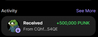 A mobile app activity notification showing a Received transaction of +500,000 PUNK from address CQhf...S4QE.
