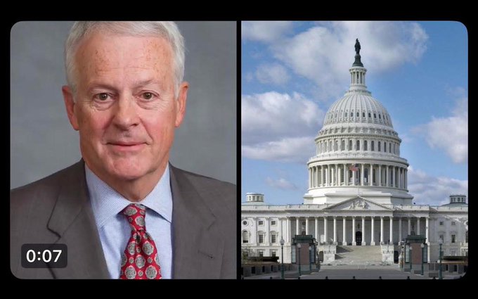 A split image shows a headshot of an older man with gray hair wearing a suit and red patterned tie on the left, alongside the U.S. Capitol Building on the right, with a "0:07" timestamp visible in the corner. The image visually accompanies the breaking news claim about Rep. Hugh Blackwell and the proposed $30 trillion CLARITY Act, pairing the politician's identity with the seat of U.S. legislation to lend authority to the announcement.