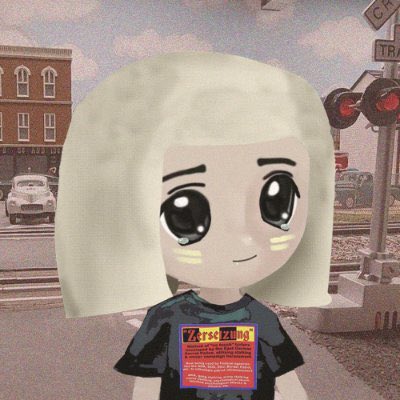 A Gacha Life-style anime character with blonde hair and large black eyes standing in front of a railroad crossing scene, wearing a shirt with a 'Varse Blog' logo.