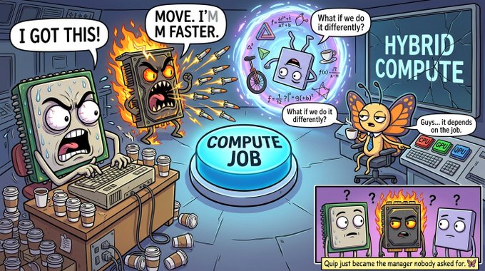 A cartoon scene shows anthropomorphic computer components arguing over a 'COMPUTE JOB,' with a sweating computer saying 'I GOT THIS!', an angry CPU saying 'MOVE. I'M M FASTER.', and others suggesting 'HYBRID COMPUTE,' ending with the quip 'Quip just became the manager nobody asked for.'