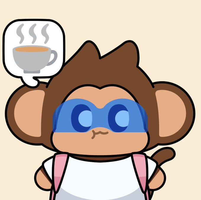 A cartoon illustration of a brown monkey wearing a blue eye mask and white shirt, with a thought bubble showing a steaming cup of tea.