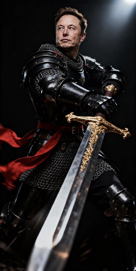 A digitally rendered portrait of Elon Musk dressed in dark medieval knight armor, wielding an ornate golden sword with a flowing red sash.