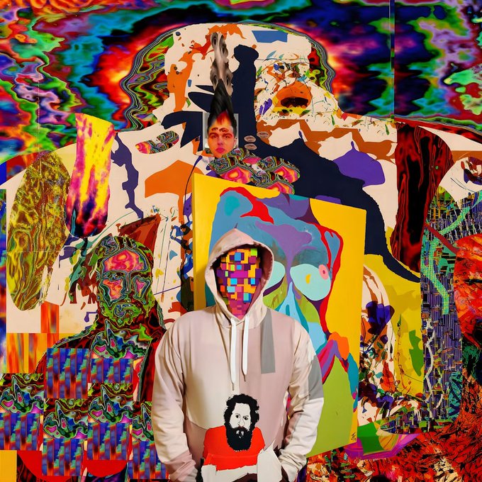 An abstract, psychedelic digital collage featuring fragmented human faces and figures layered within vibrant, distorted patterns of color. The artwork reflects the chaotic and futuristic theme of a "science conference for puppies and robot plants" mentioned in the accompanying text.