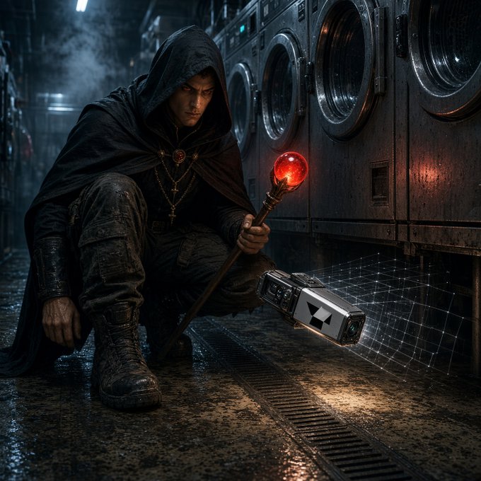 A dark, atmospheric digital artwork depicting a hooded figure in a cloak holding a glowing red staff, crouching in a laundromat setting with industrial washing machines, examining a device with a digital grid pattern emitting from it.