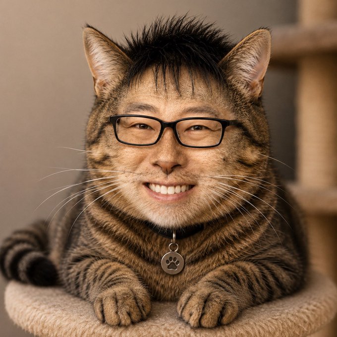 A tabby cat with human-like features, including glasses, short spiky black hair, a wide smile, and a collar with a paw-print tag, sits on a round platform.