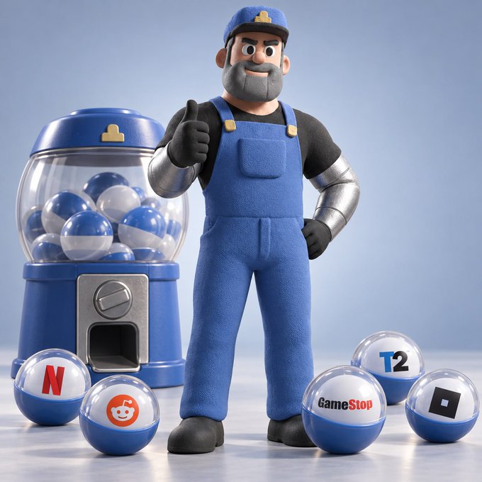 A 3D-rendered blue-uniformed mechanic character giving a thumbs-up stands next to a gumball machine filled with capsules bearing logos for Netflix (N), Reddit, GameStop, T2, and an unnamed square logo.
