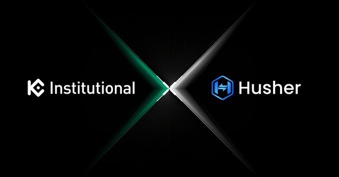 The image features two logos side by side against a black background. The logo for KuCoin Institutional is positioned above the logo for @HusherExchange. Both logos are white, with the KuCoin Institutional logo being slightly larger than the @HusherExchange logo. The text "KuCoin Institutional is partnering with @HusherExchange as a liquidity partner to strengthen connectivity across the digital asset ecosystem" is written below each logo.
