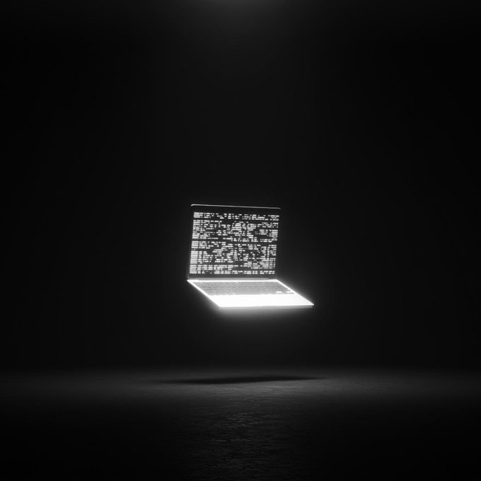The image shows a laptop floating in mid-air with its screen glowing brightly against a black background. The laptop appears to be floating above an empty room, creating a sense of weightlessness or levitation. The scene also includes text that reads "Permissionless doesn't just mean no gatekeepers. @OKX is introducing Exchange OS -- any builder deploys spot, perps, or outcomes on the same open infrastructure without rebuilding the stack every time." This message seems to be related to the floating laptop and its unique position in the image.