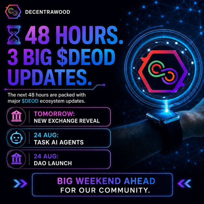 The image is a vibrant promotional graphic for Decentrawood ($DEOD), headlined "48 HOURS. 3 BIG $DEOD UPDATES," highlighting three upcoming milestones: a "New Exchange Reveal" tomorrow, "Task AI Agents" on 24 Aug, and a "DAO Launch" on 24 Aug. The accompanying caption emphasizes that the countdown is on for these three major $DEOD ecosystem milestones within a 48-hour window.