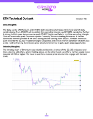 A preview of an 'ETH Technical Outlook' article discussing daily candle closures and price projections, accompanied by a candlestick chart with a blue line graph.