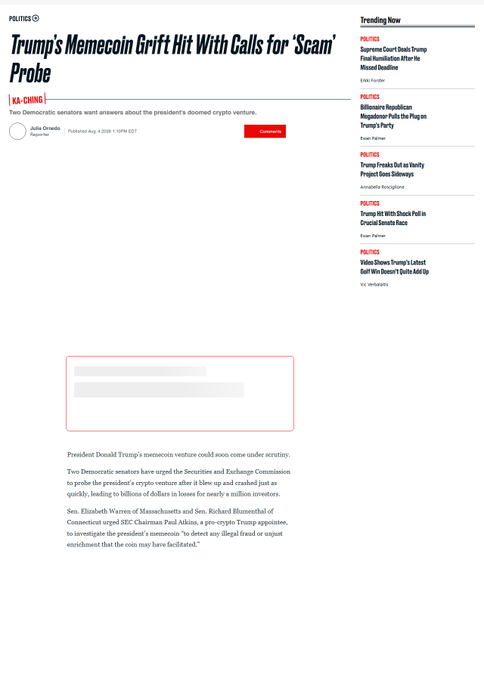 HuffPost Politics article titled "Trump's Memecoin Grift Hit With Calls for 'Scam' Probe" by Julia Ornelas, with content discussing Democratic senators Elizabeth Warren and Richard Blumenthal urging the SEC to investigate Trump memecoin over fraud allegations. The image relates to the post by presenting the source coverage of the senators' formal request to investigate the Trump crypto venture.