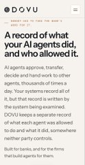A screenshot of a Dovu blog post titled 'A record of what your AI agents did, and who allowed it,' discussing the transparency of AI agent actions.