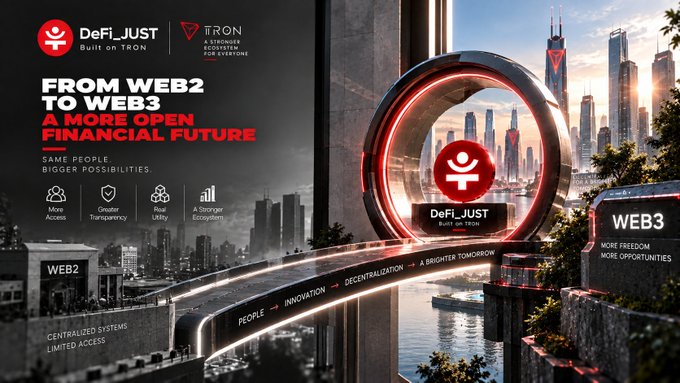 Another 'DeFi_JUST Built on TRON' advertisement reads 'FROM WEB2 TO WEB3 A MORE OPEN FINANCIAL FUTURE', showing a glowing red circular structure overlooking a modern city skyline.