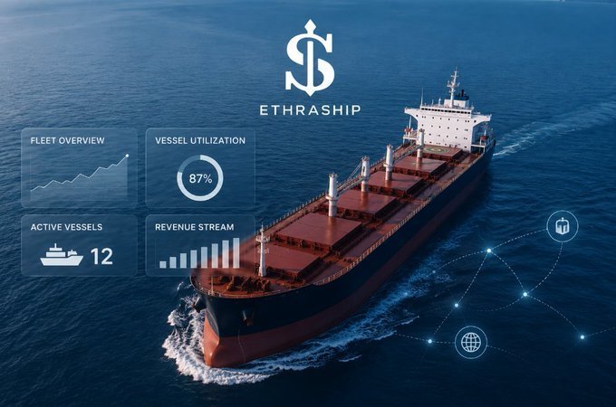 An 'ETHRASHIP' promotional image featuring a large cargo ship at sea with dashboard widgets showing Fleet Overview, 87% Vessel Utilization, 12 Active Vessels, and Revenue Stream.
