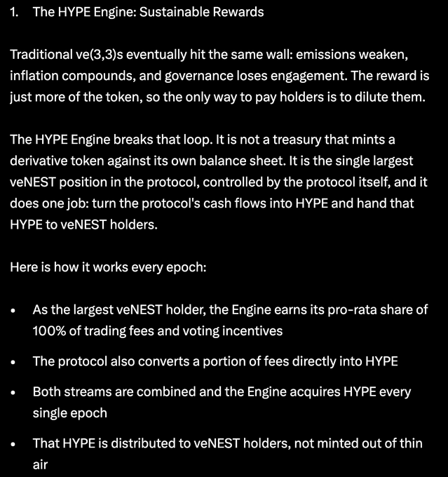 The image presents "The HYPE Engine: Sustainable Rewards" for NestExchange, explaining how the protocol converts trading fees and voting incentives into HYPE tokens each epoch to distribute to veNEST holders, avoiding the dilution problem of traditional ve(3,3) models.

It supports the post's message by highlighting NestExchange's user-focused reward system as a sustainable alternative that pays holders through actual cash flows rather than inflationary token minting.