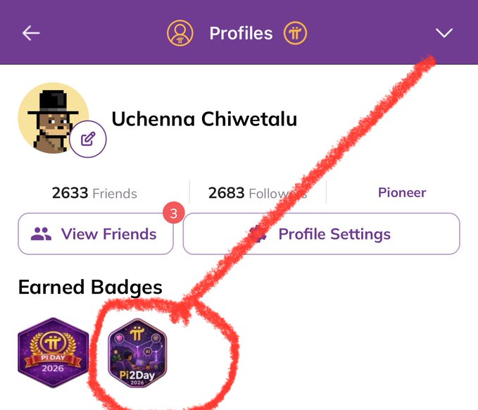 A profile page for 'Uchenna Chiwetalu' showing 2633 Friends, 2683 Followers, and a 'Pioneer' title, with a red circle highlighting a 'Pi2Day 2024' badge in the Earned Badges section.