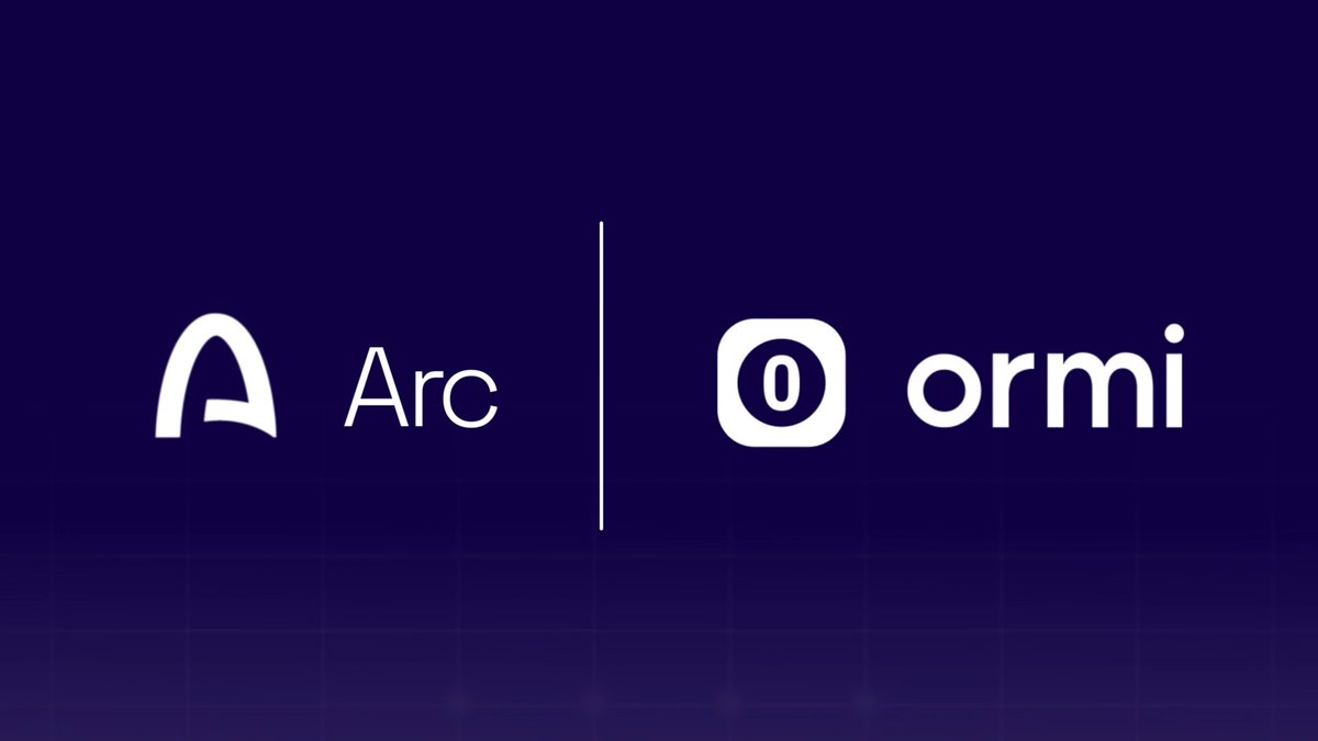The image displays the logos of "Arc" and "ormi" side by side on a dark blue background, separated by a vertical line, representing the partnership between the two platforms highlighted in the accompanying post about Ormi's role in helping Arc developers avoid indexing and transaction issues.