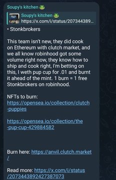 A screenshot from 'Soupy's kitchen' Stonkbrokers describing an Ethereum-based NFT project called 'clutch' on Robinhood NFT marketplace, with links to OpenSea and a free Stonkbrokers mint.
