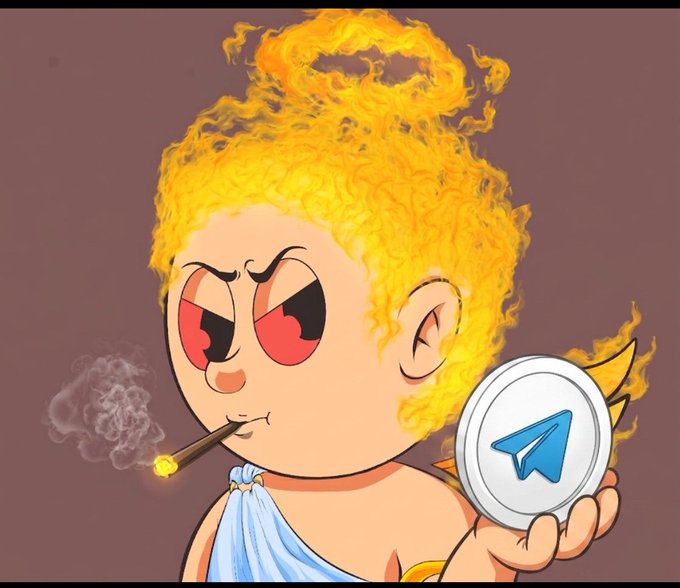 A cartoon character with flaming yellow hair, angry red eyes, and a cigar in mouth, holding a coin with the Telegram paper airplane logo.