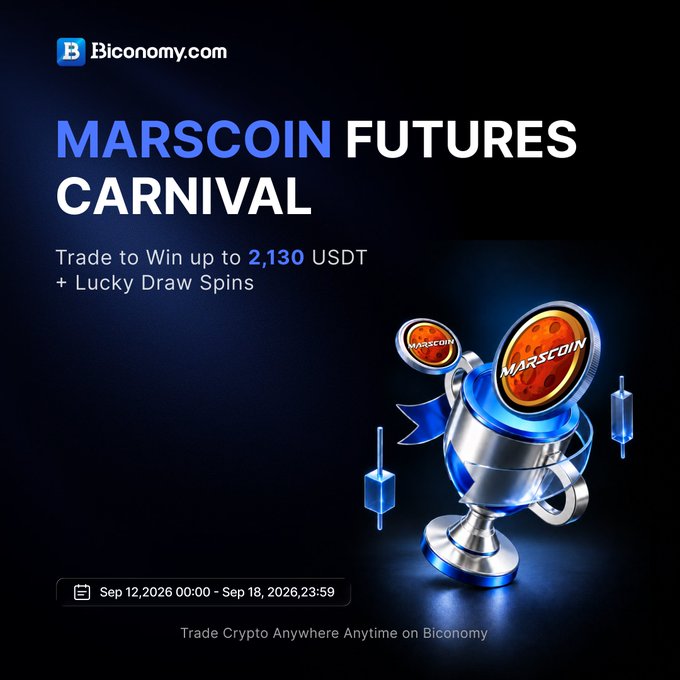 A promotional graphic for Biconomy.com's 'Marscoin Futures Carnival' featuring a silver trophy with Marscoin tokens, offering prizes of up to 2,130 USDT plus lucky draw spins, running from Sep 12 to Sep 18, 2026.
